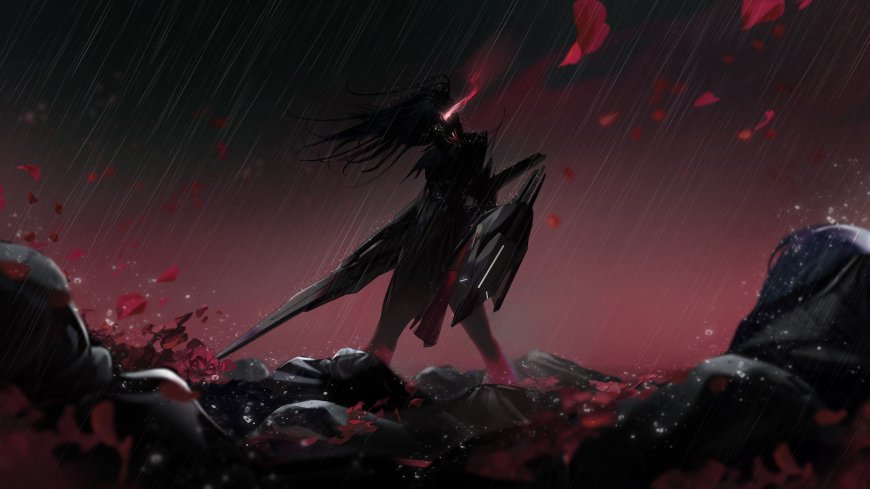 黑发少女持剑雨中伫立暗红血色动漫电脑壁纸