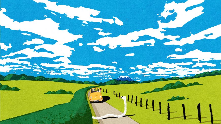 黄色敞篷车乡间小路富士山远景蓝白绿插画风格汽车电脑壁纸