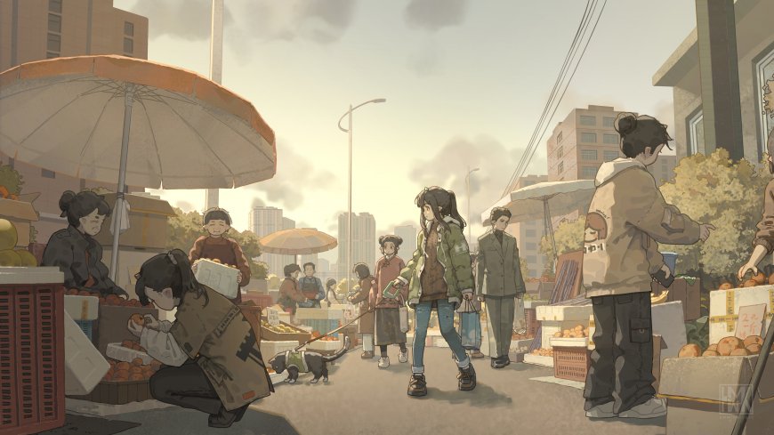 街头市集少女牵猫漫步暖灰插画电脑壁纸