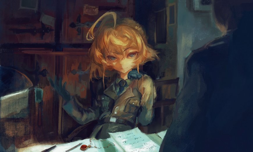 金发少女军装坐桌前暖棕暗调动漫电脑壁纸