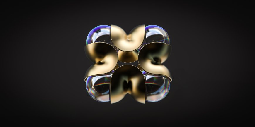 金色金属曲面与彩虹气泡交织的抽象几何创意暗黑风格电脑壁纸