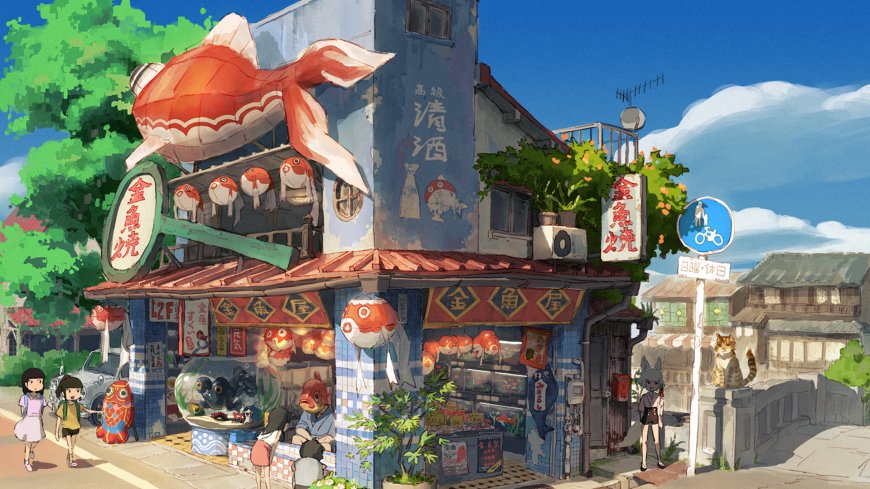 金鱼烧店铺街景蓝白清新日式插画电脑壁纸