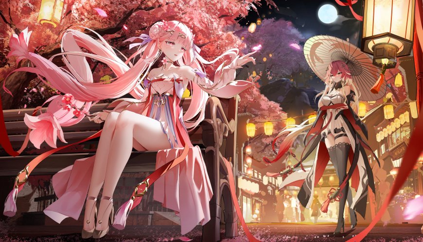 鸣潮今汐长离樱花夜景双人古风少女动漫电脑壁纸