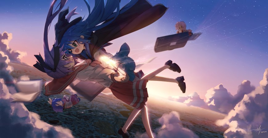 魔法少女小圆晓美焰蓝发飞扬空中疾驰粉紫梦幻动漫电脑壁纸