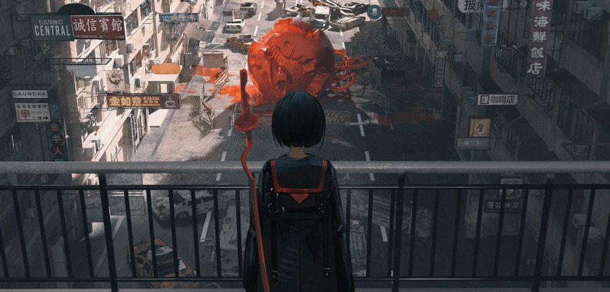 赛博朋克街道巨兽入侵黑衣少女持刃俯瞰灰橙科幻动漫电脑壁纸