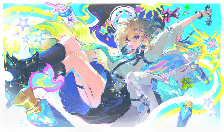 赛博朋克风格金发少女动态跃起蓝紫霓虹动漫电脑壁纸