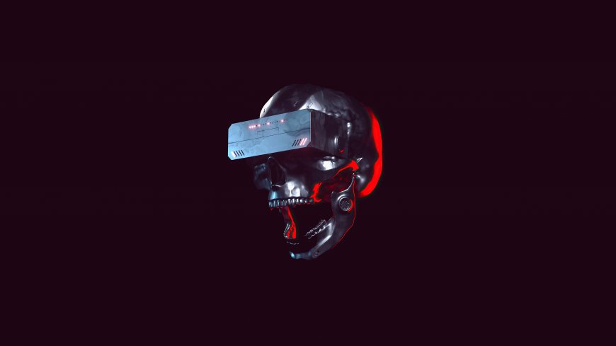 赛博朋克金属骷髅头戴VR设备红蓝光效暗黑科幻电脑壁纸