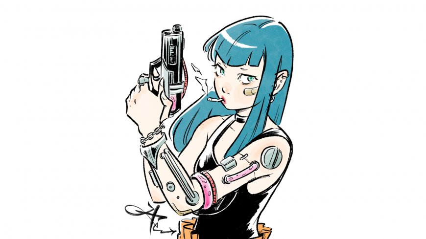 赛博朋克蓝发少女持枪叼烟机械义肢粉黑动漫电脑壁纸