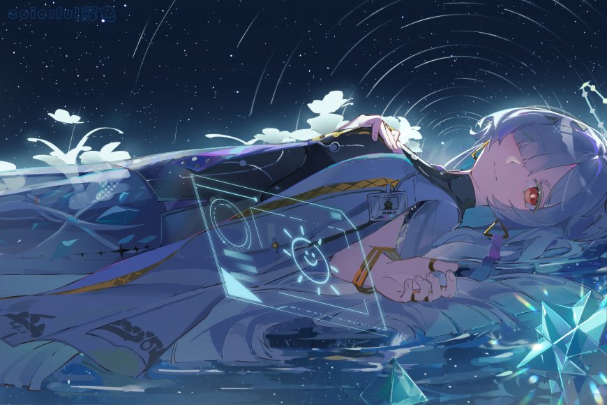赛博朋克少女躺卧星海蓝紫科幻动漫电脑壁纸