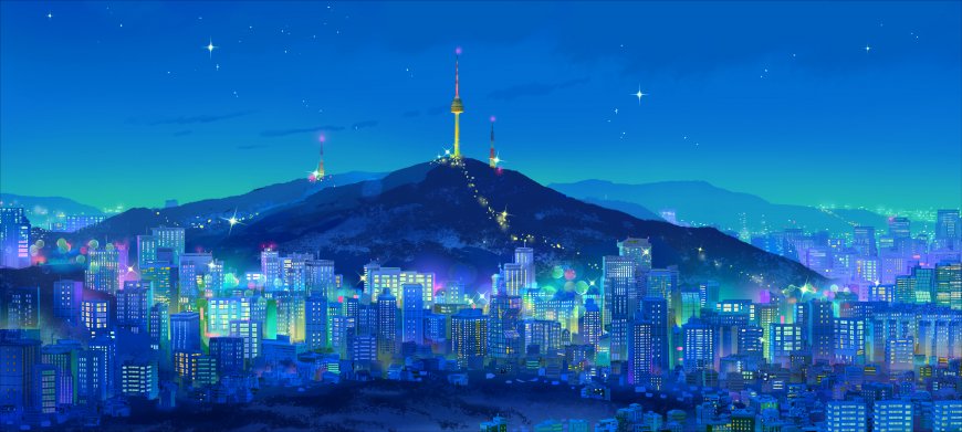 首尔南山塔夜景霓虹璀璨蓝紫城市插画电脑壁纸