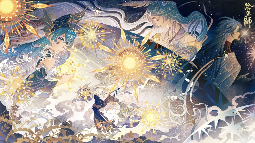 阴阳师蓝发少女与神秘角色共舞金光璀璨奇幻动漫电脑壁纸