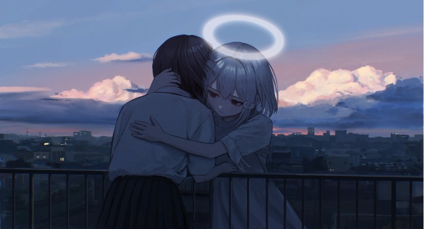 银发少女头顶光环拥抱黑发少年蓝紫黄昏动漫电脑壁纸