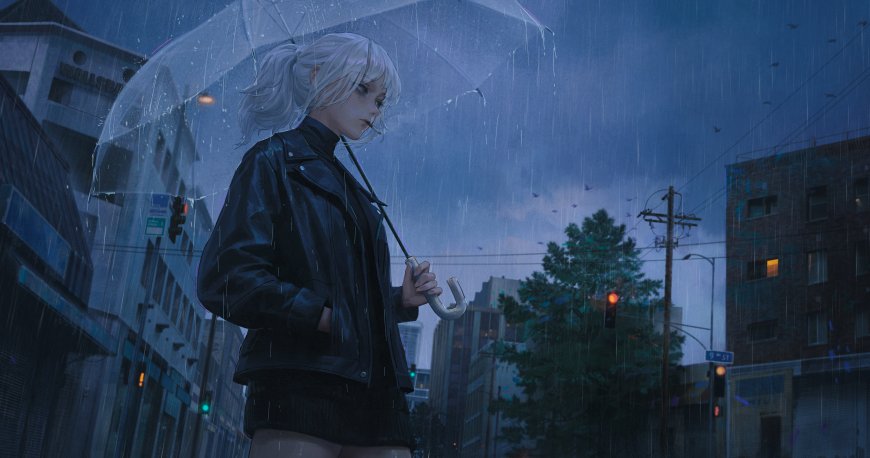 银发少女雨中撑伞黑皮衣蓝调城市街道动漫电脑壁纸