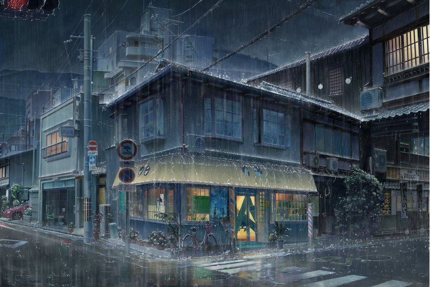 雨夜街角咖啡店暖黄灯光青灰建筑插画电脑壁纸