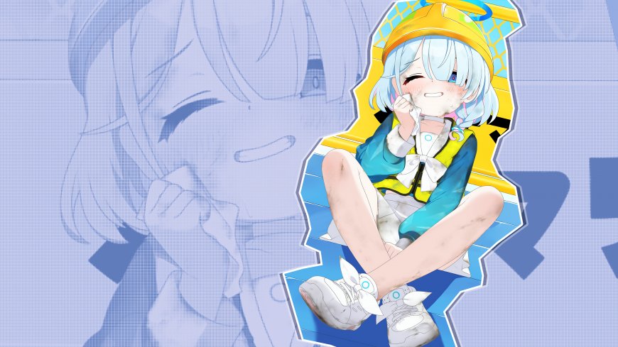 阿罗娜 蔚蓝档案少女戴黄帽眨眼微笑蓝白动漫电脑壁纸