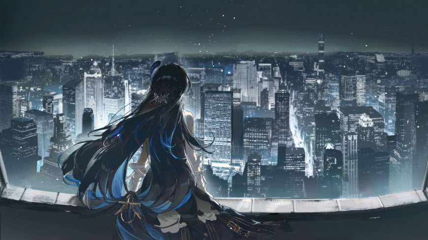 黑长发蓝饰少女俯瞰夜景都市蓝白动漫电脑壁纸