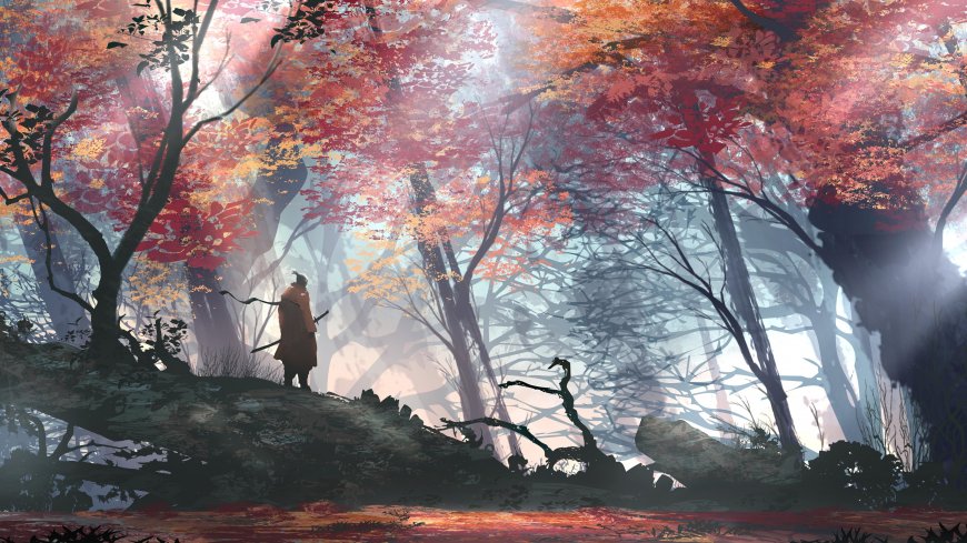 红枫林中持剑武士剪影暖橙唯美插画电脑壁纸