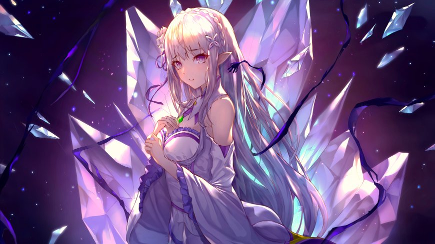 精灵少女银发紫瞳水晶背景梦幻紫蓝动漫电脑壁纸