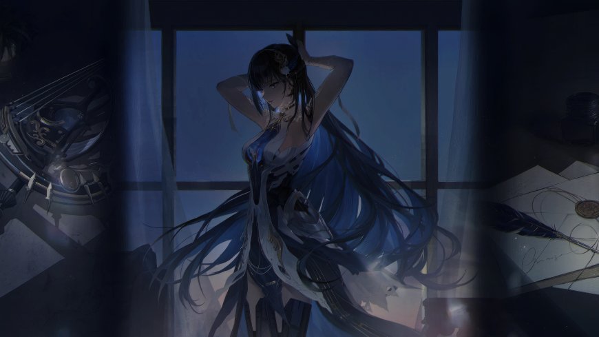明日方舟斯卡蒂蓝发少女窗边整理长发暗蓝唯美动漫电脑壁纸