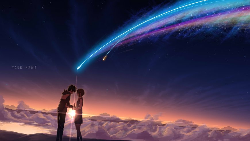 你的名字少年少女牵手仰望流星划过紫蓝星河动漫电脑壁纸