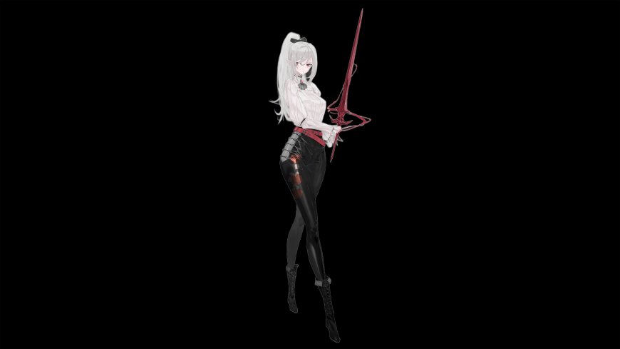 银发红瞳少女持赤色长剑黑底动漫电脑壁纸