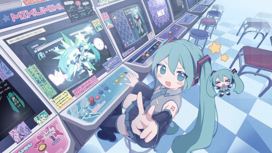 初音未来电玩厅打游戏蓝绿动漫电脑壁纸