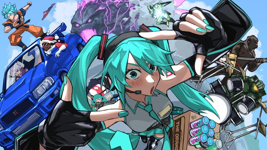 初音未来绿发双马尾动感姿态蓝紫炫彩动漫电脑壁纸