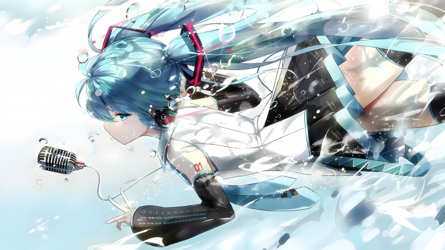 初音未来水下歌唱蓝白清新动漫电脑壁纸