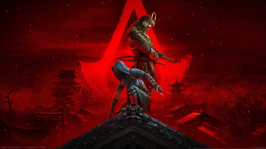 刺客信条影主角与武士对峙红幕古风建筑背景暗红奇幻游戏电脑壁纸
