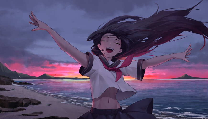 动漫少女海边张开双臂欢笑紫粉渐变插画电脑壁纸