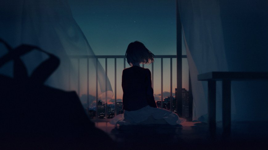 短发少女阳台凝望城市夜景蓝插画电脑壁纸