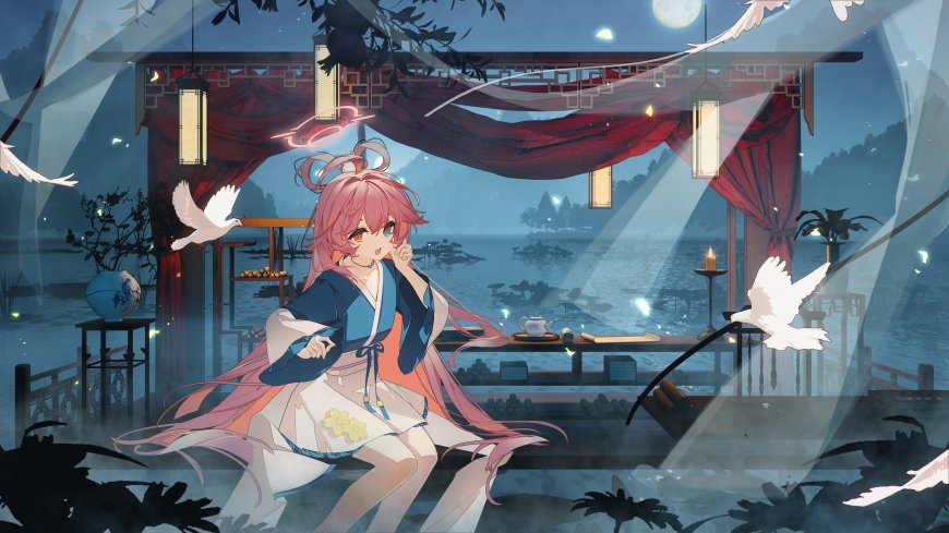 粉发少女古风亭台夜景蓝紫动漫电脑壁纸