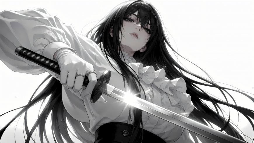 黑长直少女持刀凝视黑白动漫电脑壁纸