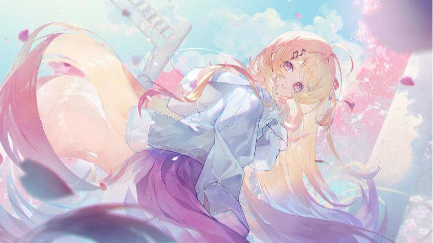 金发紫瞳少女樱花飞舞粉紫梦幻动漫电脑壁纸