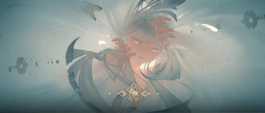 空之境界两仪式银发蓝眸蝴蝶环绕淡青唯美动漫电脑壁纸