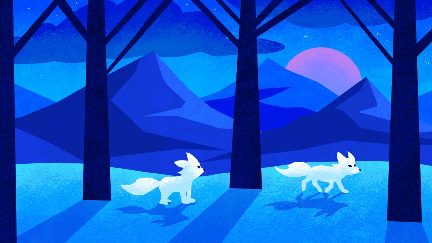 蓝调森林白狐漫步雪山月夜插画电脑壁纸