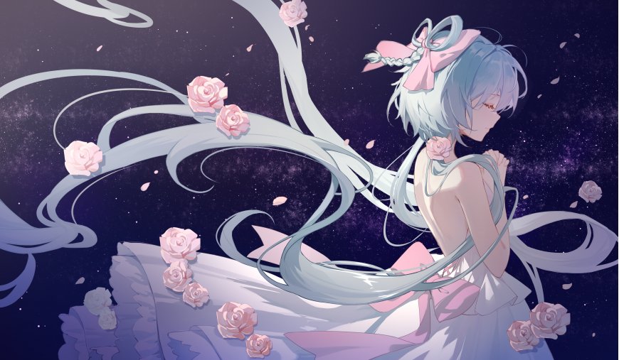 蓝发少女粉玫瑰飘带星空梦幻唯美动漫电脑壁纸