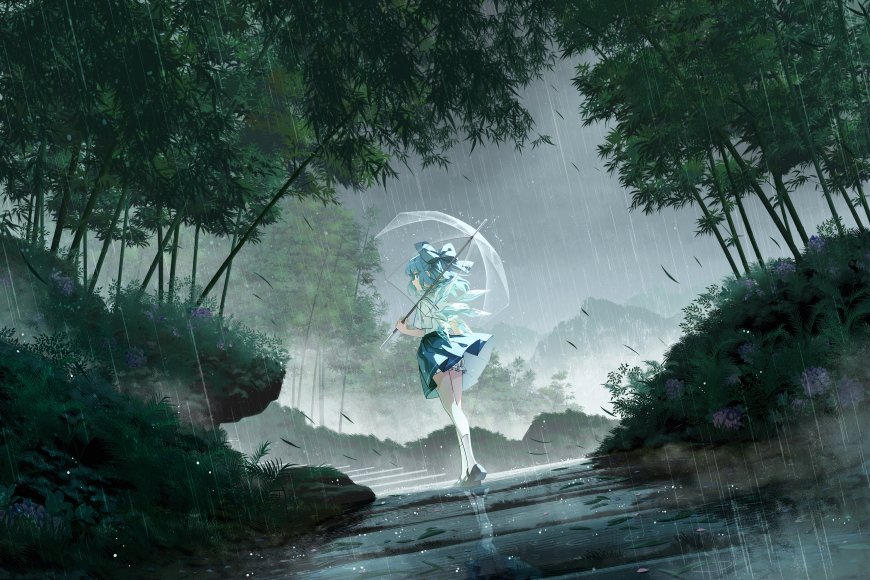 蓝发少女竹林雨中撑透明伞青绿水墨风动漫电脑壁纸