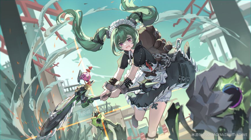 明日方舟绿发双马尾女仆少女废墟战斗动漫电脑壁纸