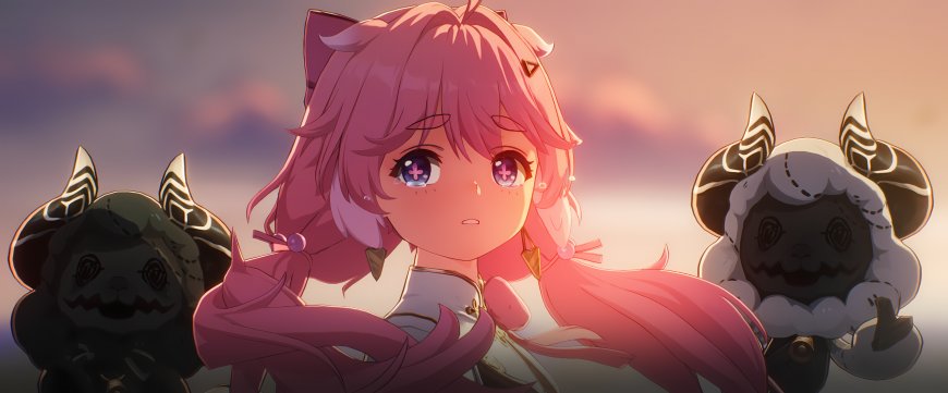 鸣潮 安可粉发猫耳少女与两只机械羊伙伴暖橙动漫电脑壁纸