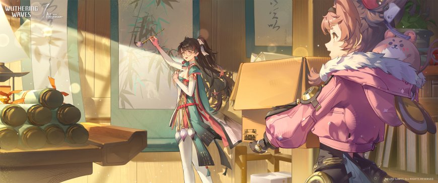 鸣潮一周年纪念插画双女主室内互动暖金动漫电脑壁纸
