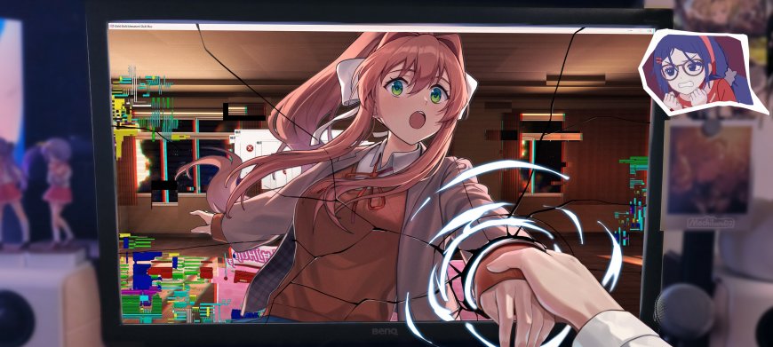 少女歌剧露崎真昼粉发绿眼伸手破屏特效蓝白动漫电脑壁纸