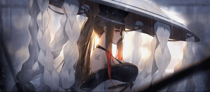 少女前线G11雨中撑伞红瞳少女灰白光影动漫电脑壁纸