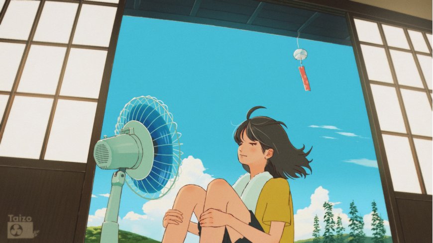 夏日窗边少女吹风扇蓝白清新动漫电脑壁纸