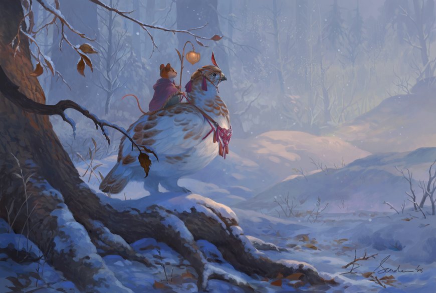 雪林中老鼠骑雉鸡持灯奇幻插画蓝紫唯美电脑壁纸