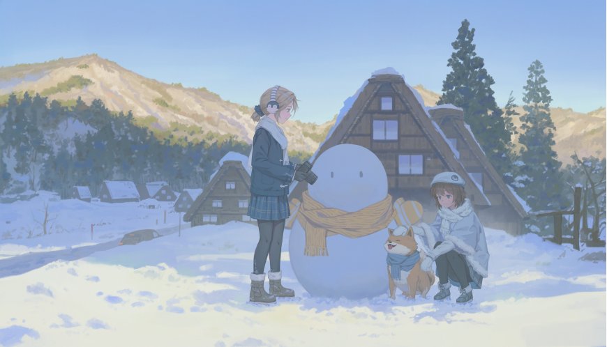 雪乡木屋前少女与柴犬堆雪人淡蓝冬日动漫电脑壁纸