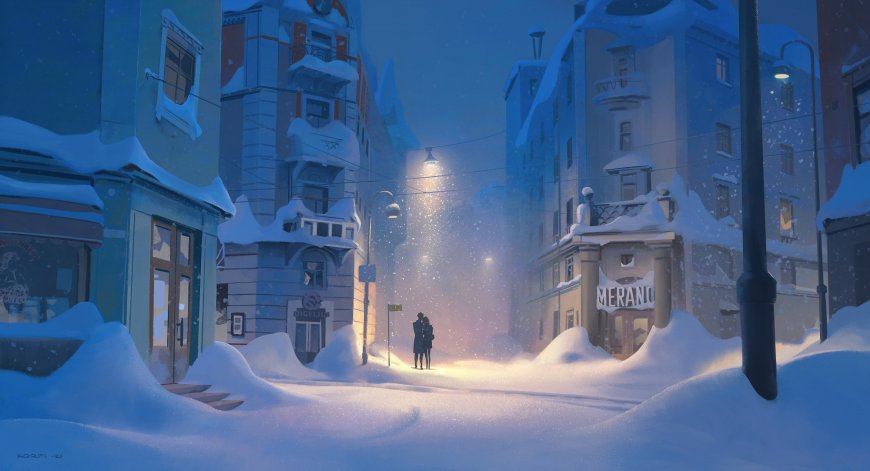 雪夜街道积雪覆盖暖黄路灯下情侣相拥蓝紫插画电脑壁纸