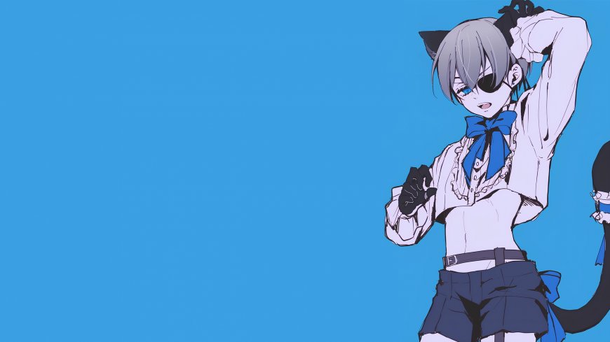 银发猫耳眼罩少女蓝白制服动漫电脑壁纸