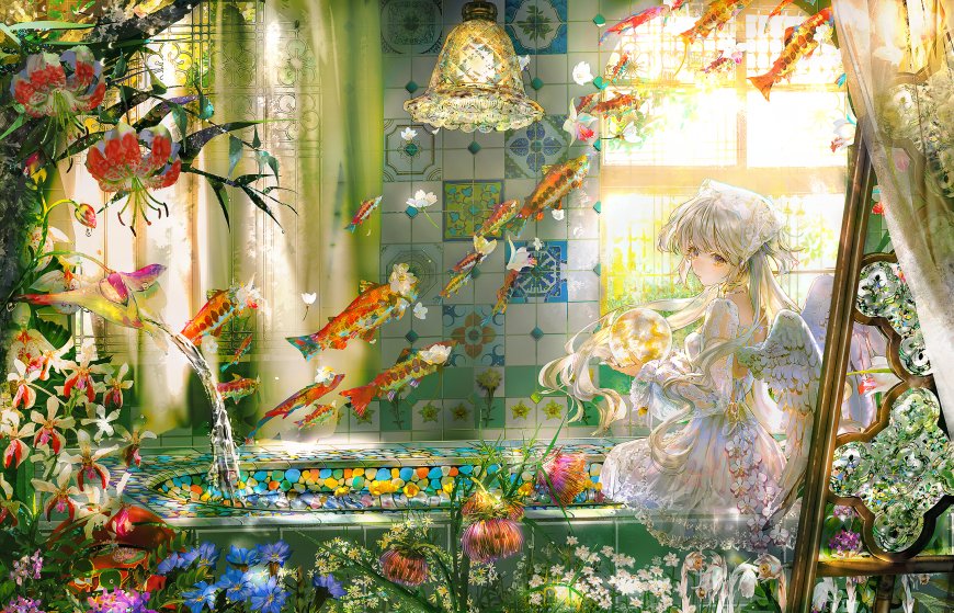 银发天使少女持光球坐于花鱼环绕的彩瓷浴池旁梦幻粉绿动漫电脑壁纸