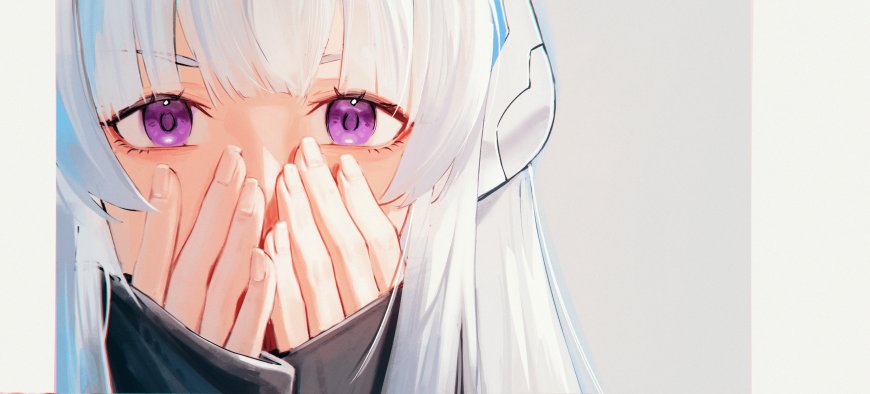 银发紫瞳少女双手掩面羞涩表情动漫电脑壁纸